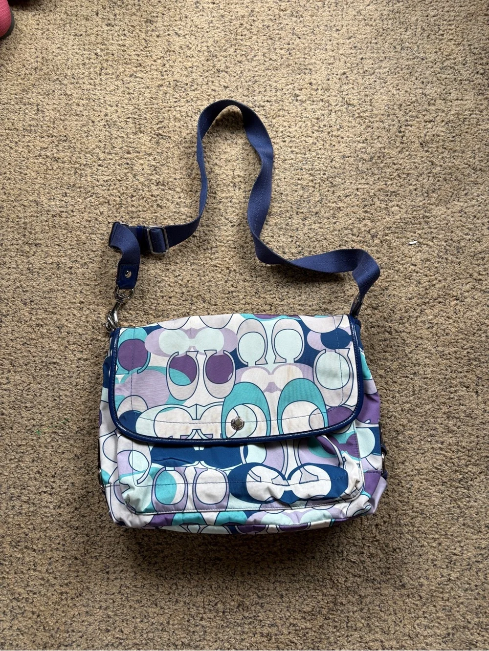Coach Multicolor Signature Print Crossbody in Navy, Teal & Lavender